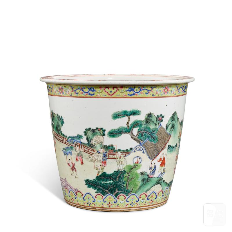 A famille-rose 'boys and lanterns' jardinière, Qing dynasty, Qianlong period | 清乾隆 粉彩童子鬧元宵圖缸
